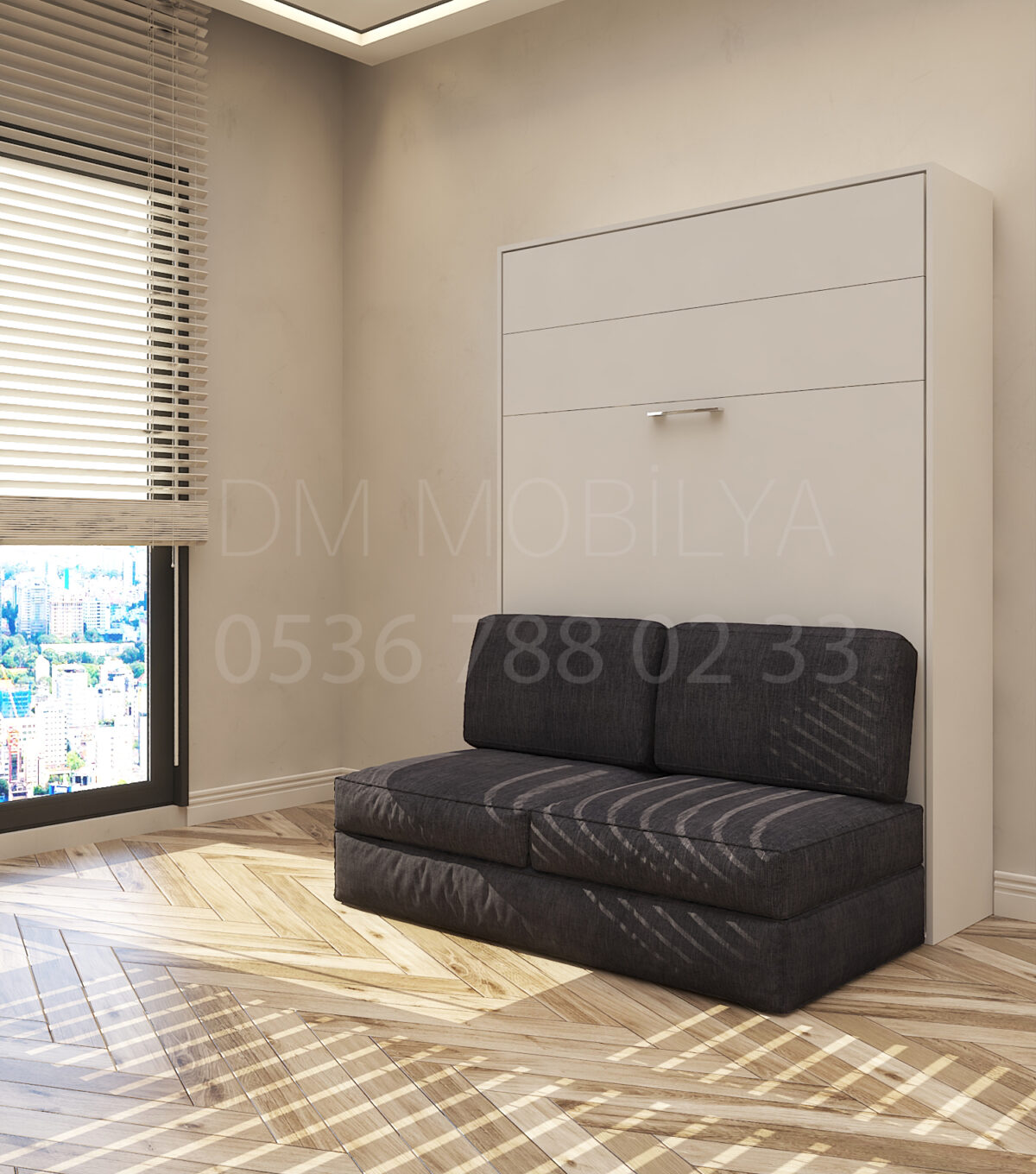 140x190 çift kişilik duvar yatağı kapalı hali, katlanır yatak sistemi modern tasarım koltuklu model