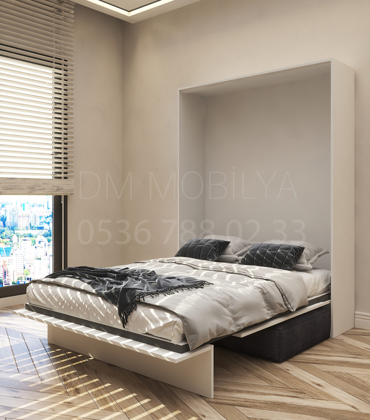 140x190 çift kişilik duvar yatağı kapalı hali, katlanır yatak sistemi modern tasarım koltuklu model