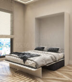 140x190 çift kişilik duvar yatağı kapalı hali, katlanır yatak sistemi modern tasarım koltuklu model