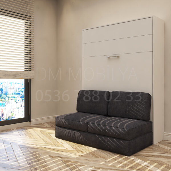 140x190 çift kişilik duvar yatağı kapalı hali, katlanır yatak sistemi modern tasarım koltuklu model