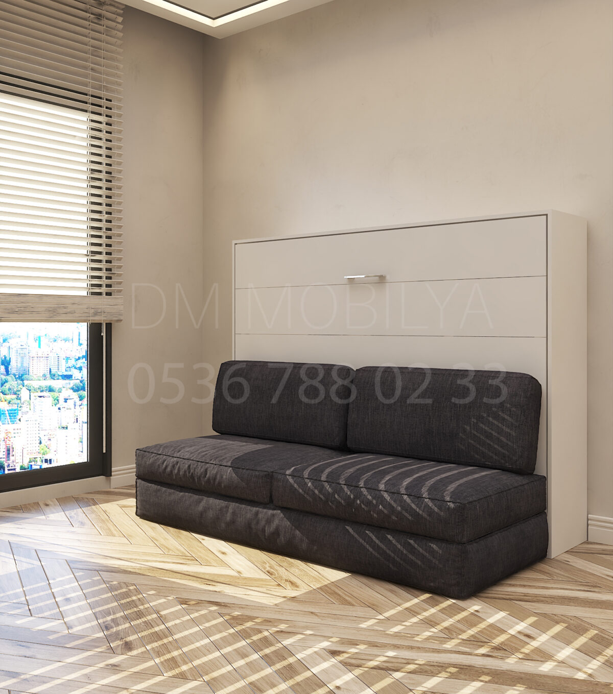 140x190 çift kişilik duvar yatağı kapalı hali, katlanır yatak sistemi modern tasarım koltuklu model