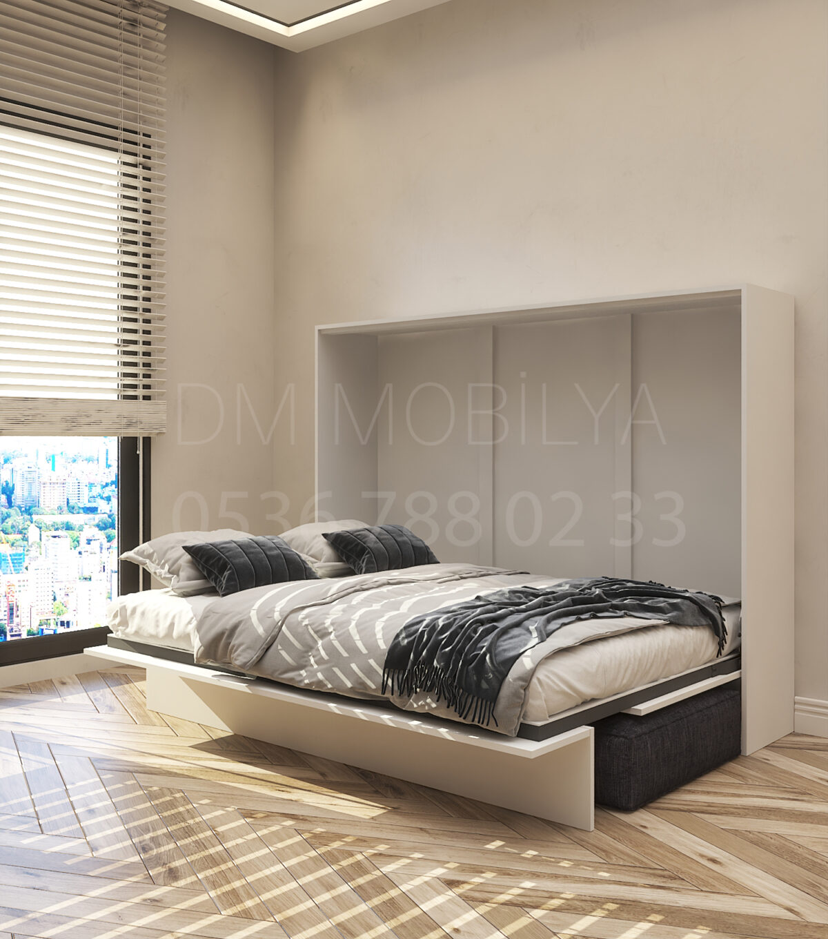 140x190 çift kişilik duvar yatağı açık hali, katlanır yatak sistemi modern tasarım koltuklu model