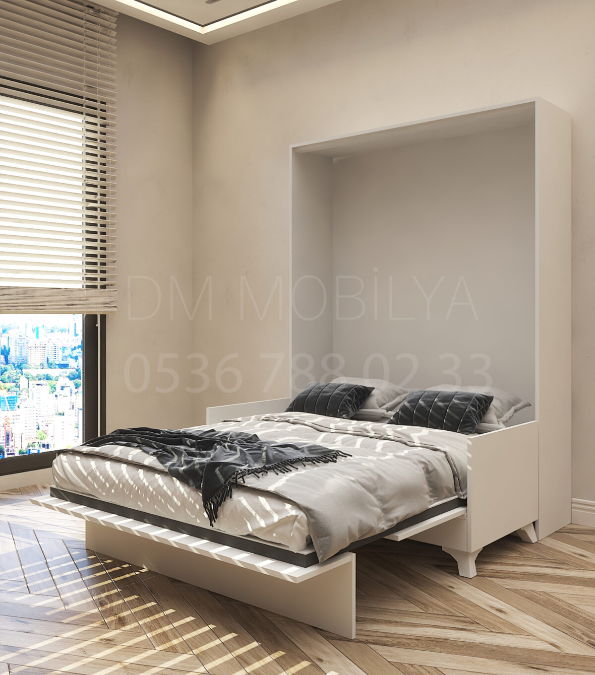 150x200 çift kişilik duvar yatağı açık hali, katlanır yatak sistemi modern tasarım sandıklı model