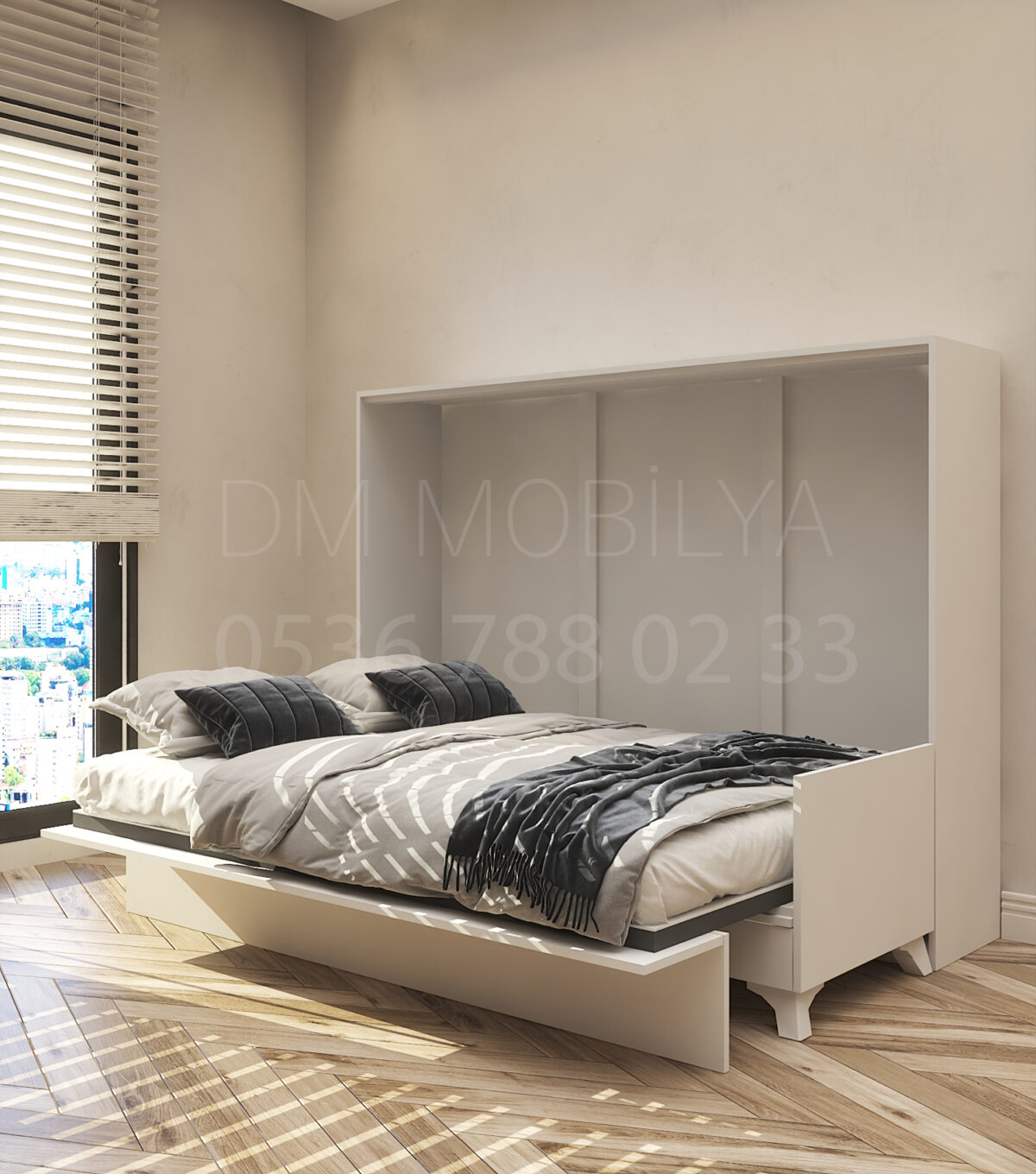 140x190 çift kişilik duvar yatağı kapalı hali, katlanır yatak sistemi modern tasarım sandıklı model