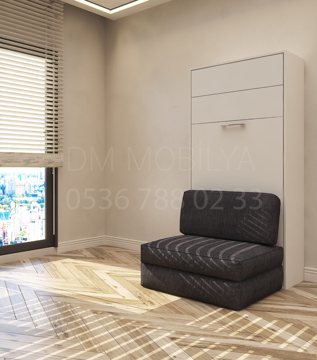 90x190 tek kişilik duvar yatağı kapalı hali, katlanır yatak sistemi modern tasarım, koltuklu model