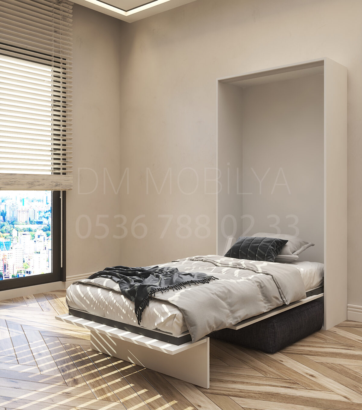 90x190 tek kişilik duvar yatağı açık hali, katlanır yatak sistemi modern tasarım, koltuklu model