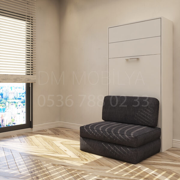 90x190 tek kişilik duvar yatağı kapalı hali, katlanır yatak sistemi modern tasarım, koltuklu model
