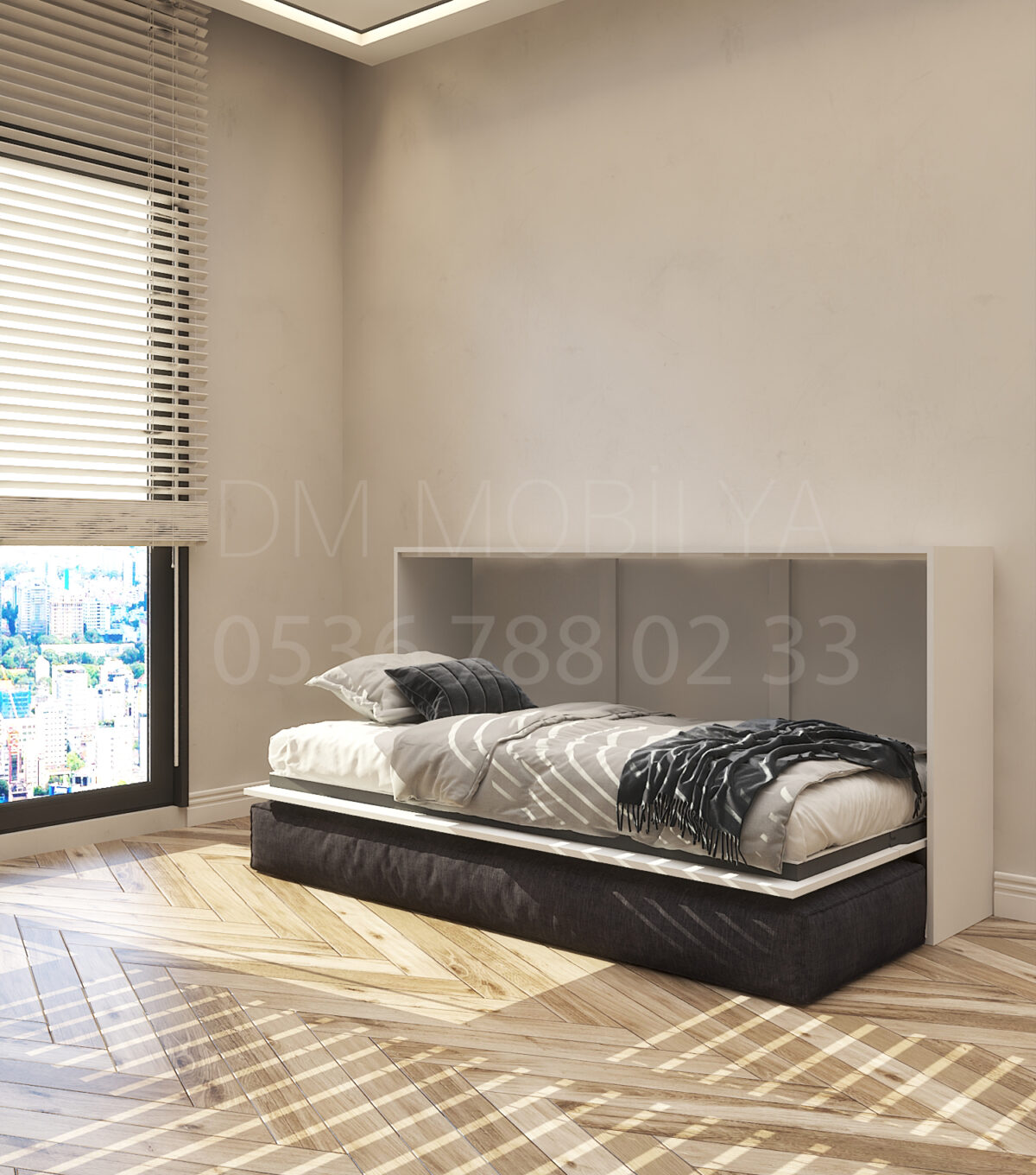 90x190 tek kişilik duvar yatağı kapalı hali, katlanır yatak sistemi modern tasarım, koltuklu model