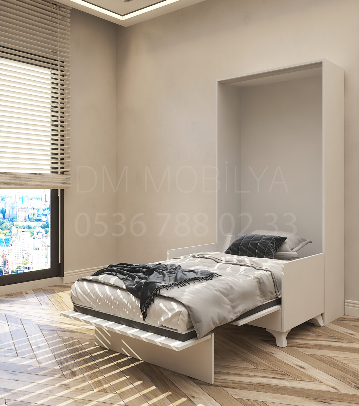 90x190 tek kişilik duvar yatağı açık hali, katlanır yatak sistemi modern tasarım, sandıklı model