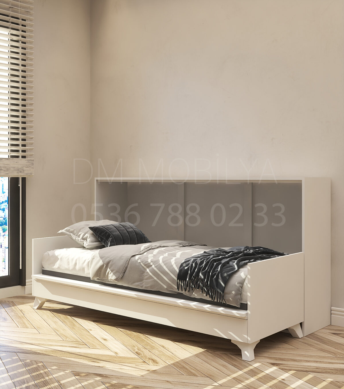 90x190 tek kişilik duvar yatağı açık hali, katlanır yatak sistemi modern tasarım, sandıklı model