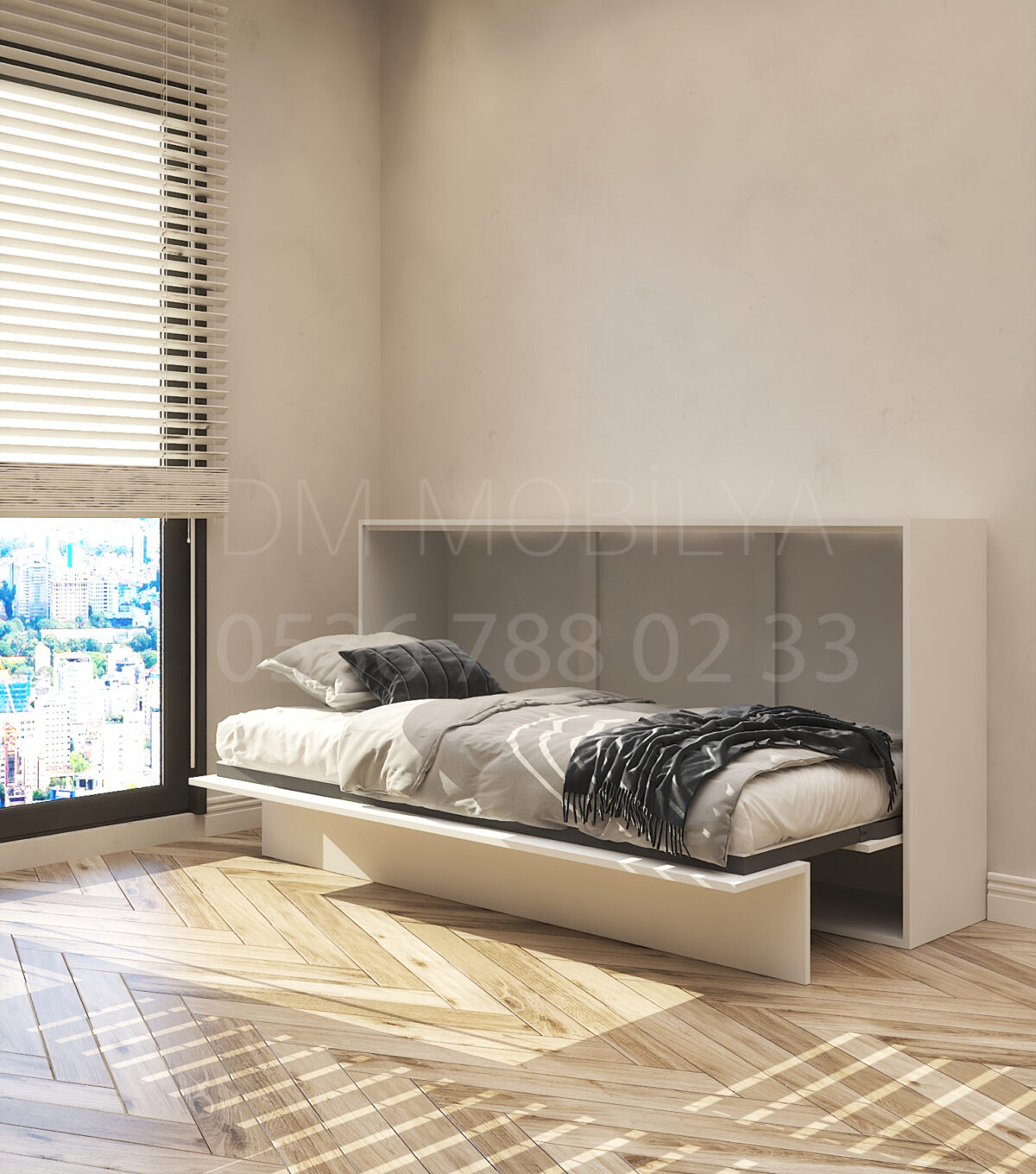 90x190 tek kişilik duvar yatağı açık hali, katlanır yatak sistemi modern tasarım