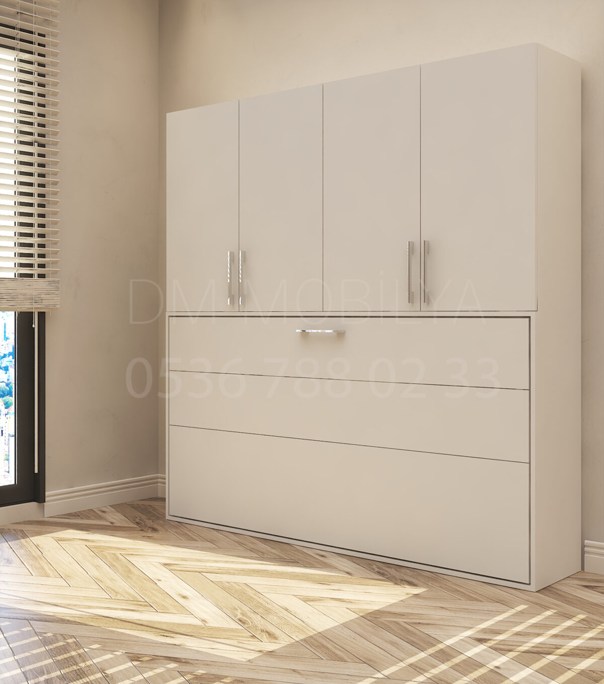 90x190 tek kişilik duvar yatağı açık hali, katlanır yatak sistemi modern tasarım üst dolaplı