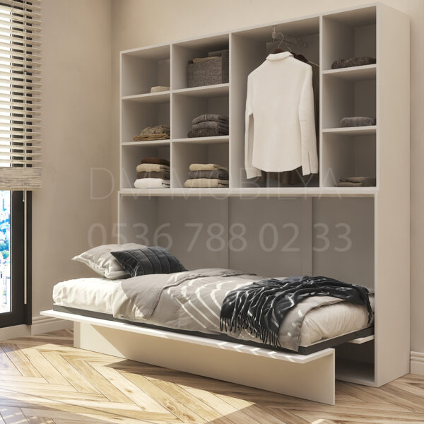 90x190 tek kişilik duvar yatağı açık hali, katlanır yatak sistemi modern tasarım üst dolaplı
